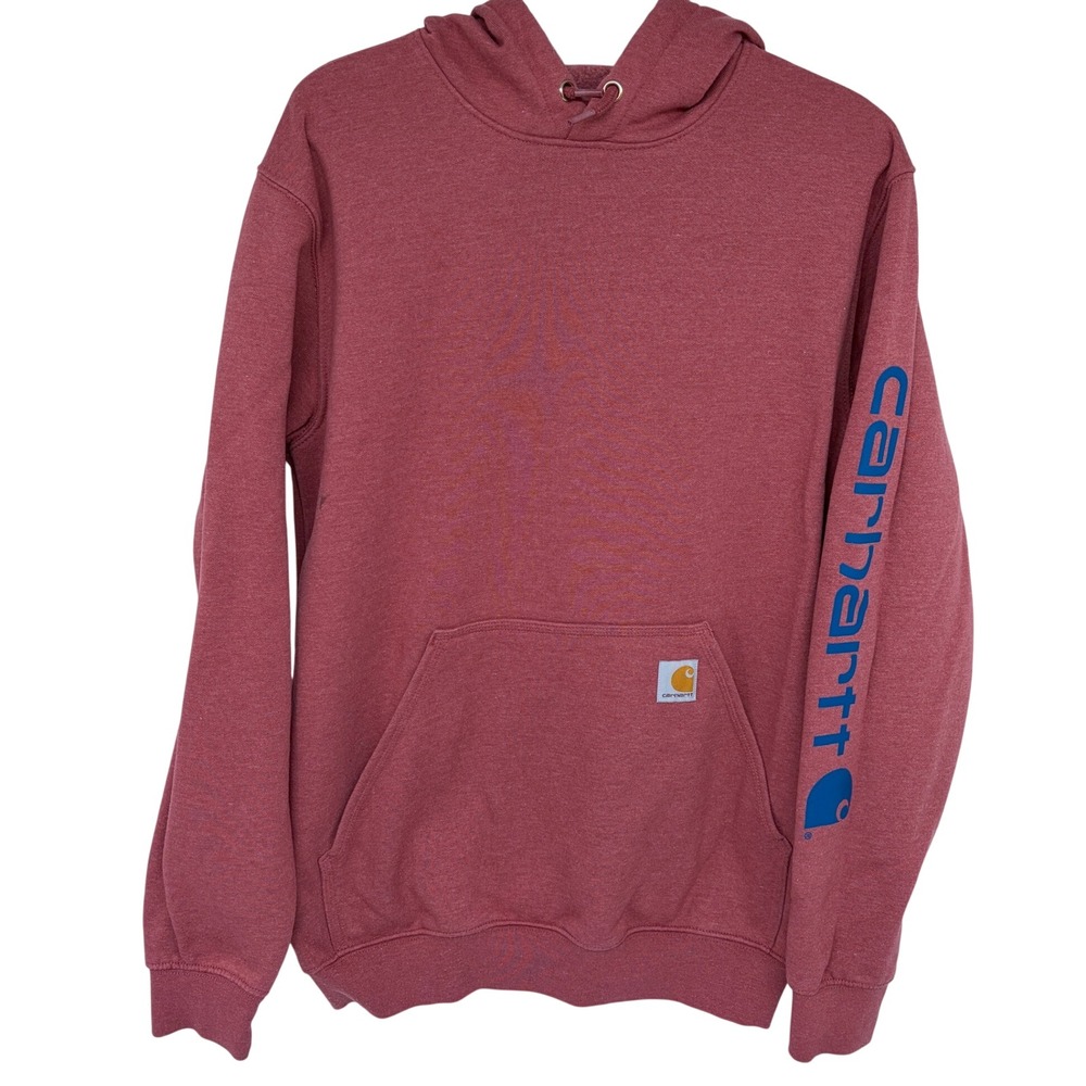 Carhartt Hoodie Mens Small Loose Fit Light Red Sleeve Spellout & Logo Workwear